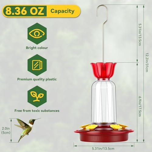Hummingbird Feeder for Outdoors Hanging, 8.3OZ Plastic Humming Bird Feeders with 5 Bee Guard Feeding Ports & Built-in Ant Moat,Hummingbird Gifts for Mom Bird Feeder for Outside,Garden Décor,2 Pack
