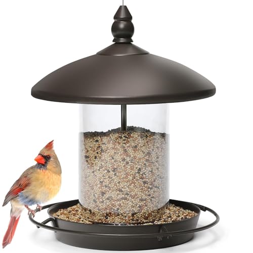 Metal Bird Feeder, Hanging or Ground Outdoor Bird Feeder, Weather Cover, Removable Seed Container and Easy Clean Design- (7x7x7in)