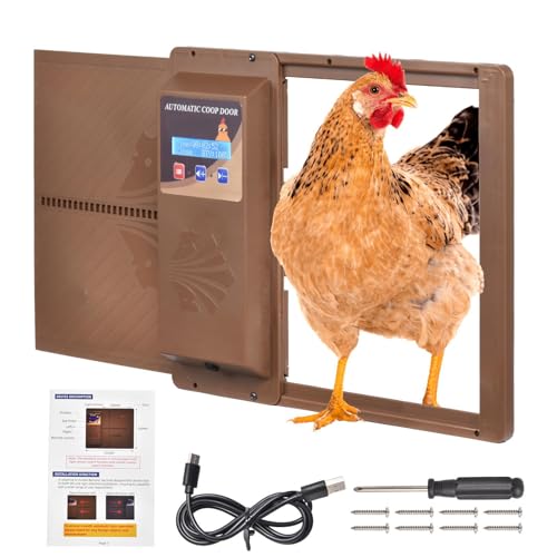 Programmable Chicken Automatic Door with Timer and LCD Display Double Power Supply(USB Charging/Battery Holder) Chicken Coop Door Anti-Pinch Protection for Poultry Coffee