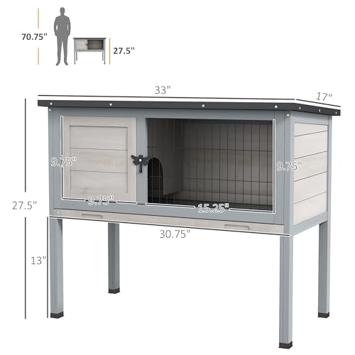 PawHut Elevated Wooden Rabbit Hutch Indoor/Outdoor Bunny Cage Light Gray | Hinged Asphalt Roof, Removable Tray for Guinea Pig - color: Light Gray