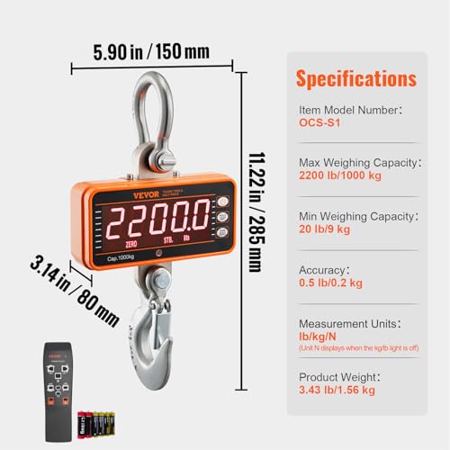 VEVOR Crane Scale, Hanging Scale Industrial Heavy Duty, Digital Crane Scale with Remote Control, Cast Aluminum Case & LED Screen, 2200 lbs/1000 kg,High Precision for Construction, Factory, Farm - style: 2200BLS