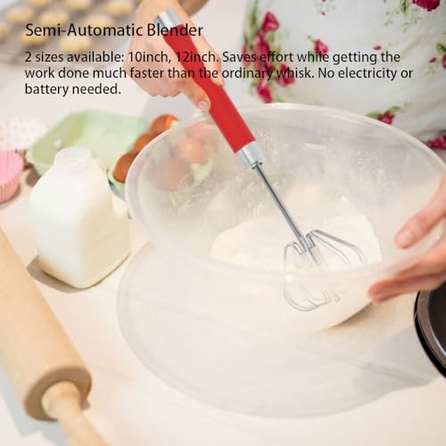 Stainless Steel Semi-Automatic Egg Whisk Set, 2PCS Hand Push Rotary Manual Mixer for Cooking, Whisking, Beating and Stirring (10&12 Inch) - color: Red (10&12in)