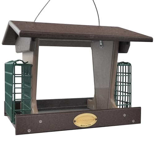 DutchCrafters Poly Hopper Bird Feeder with Suet Holder, Large Bird Feeder for Outdoors Hanging - Amish American Made (Milwaukee Brown & Weatherwood) - color: Milwaukee Brown & Weatherwood