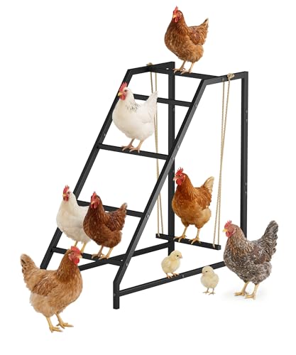 Chicken Perch Swing with Ladder for Coop, Metal Frame Chicken Roosting Bars for 8-10 Hens, Pet Swing Set for Backyard Poultry Farm Roost, Ideal for Chickens' Health and Happiness, Black