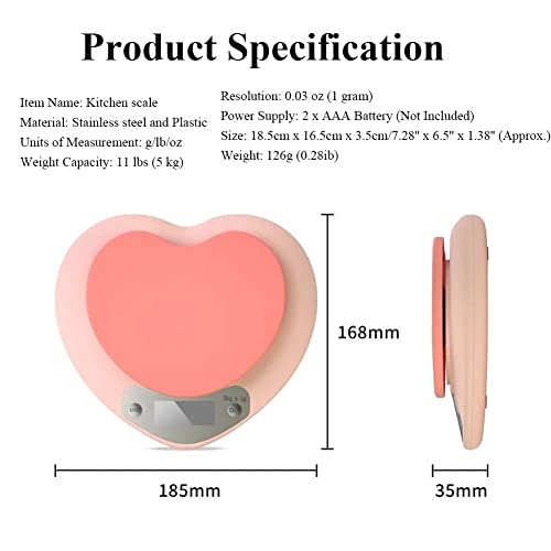 Cute Kitchen Scale, Digital Food Scale with LCD Display, 11 ib (5kg) Capacity, 0.03 oz (1g) Precise Weight Measuring for Baking Cooking (Pink)