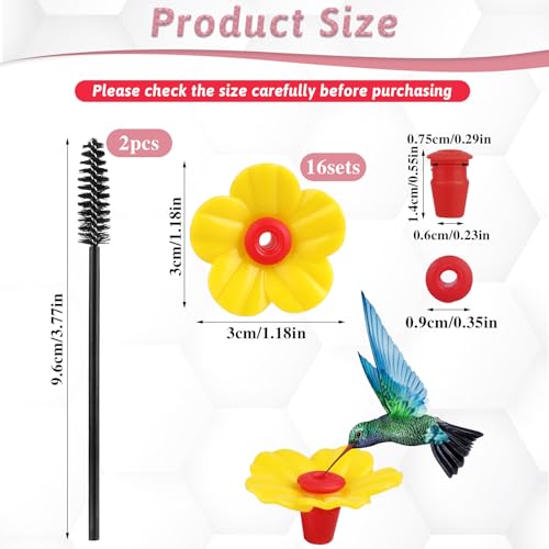 16 Pieces Hummingbird Feeders Replacement Flowers Yellow Pet Replacement Bird Feeder Replacement Parts with 2 PCS Brush Feeding Ports Bee Guards for Hummingbird Feeders for Outdoors Hanging Feeder