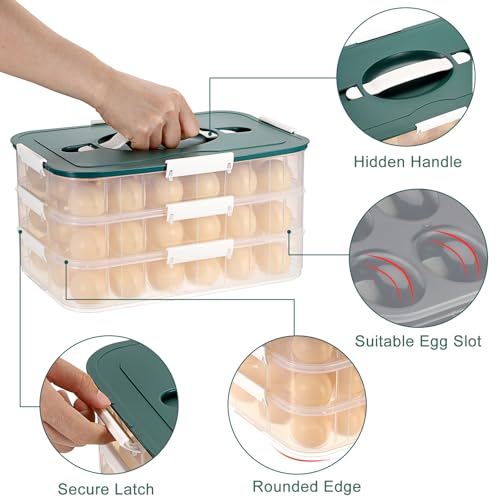BTSKY Deviled Egg Platter with Lid, 3-Layer 54 Slots Deviled Eggs Carrier, Clear Portable Egg Holder for Fridge Reusable Deviled Eggs Tray Carton Box for Easter and Party Favor (3-Layer, Green) - color: Green, size: 3 Layer-Hold 54 Eggs