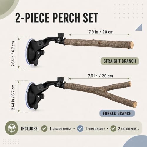 2 PCS Parrot Perch Stand, Movable Perch Stand Bird Training Set, Wood Parrot Perch Stand with Strong Suction Cup for Cockatoo, Macaw, Parakeet, Window Mirror Car Shower Ceramic Tiles Bath