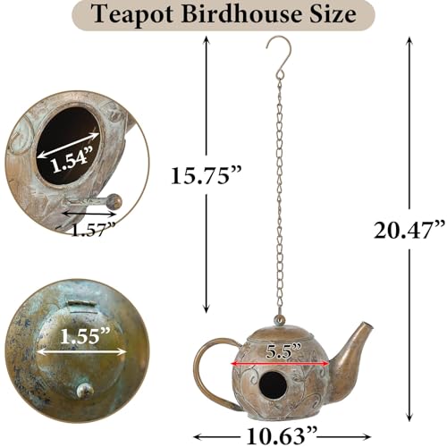 Bird House, Teapot Hanging Bird House, Metal Bird Houses for Outside, Antique Cute Birdhouse, Unique Decorative Birdhouses for Outdoors Garden Patio Yard Lawn Backyard Decor - color: antique