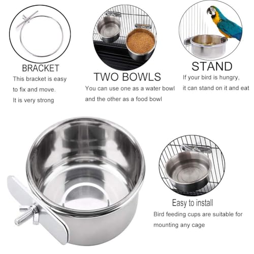 PINVNBY Parrot Feeding Cups Birds Food Dish Stainless Steel Parrot Feeders Water Cage Bowls with Clamp Holder for Cockatiel Conure Parakeet Macaw Small Animal (2PCS, Size: M)
