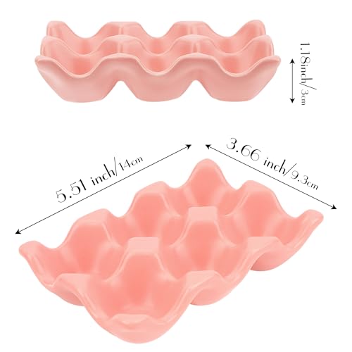 Ceramic Egg Holder Trays, 2-Pack Pink, 6-Slot Each (12 Eggs Total) — Countertop & Fridge Egg Cups Organizer, Glazed Stoneware Egg Rack