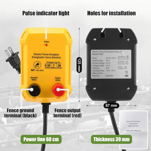 Electric Fence Charger Set 7 Mile 110VAC 0.35 Joule Electric Plug in Fence to Contain Chickens Pet Poultry 50 Black Insulator and 1 Socket Tool 250ft Aluminum Wire for Garden Pond Protection - style: 0.35 Joule