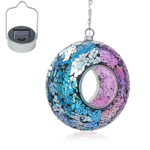 VCUTEKA Mosaic Bird Feeders, Solar Fly Through Birdfeeder for Garden Decor | 8" Mosaic Bird Feeder for Outside Hanging Round Shape Glass Container to Attract Wild Bird Feeders for Garden Bird Lovers - color: Blue&Purple