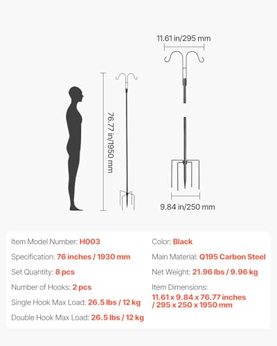 VEVOR Double Shepherds Hooks for Outdoor, 8 Pack 76 Inch Heavy Duty Bird Feeder Pole, 3/4 Inch Thick Garden Hooks for Hanging Hummingbird Feeder, Plant Baskets, Solar Light Lanterns,Wind Chimes
