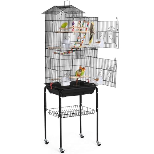 Yaheetech Bird Cage 64'' Medium Small Parrot Parakeet Bird Cages with Detachable Rolling Stand for Parrot Lovebirds Finches Parakeets Budgie Parrotlet Conures, Pet Flight Birdcage - color: Black