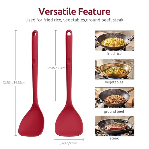 U-Taste 600ºF Heat Resistant 13.6in Long Solid & Slotted Silicone Turner and 600ºF Heat Resistant 13.76" Long, 3.63" Wide Wok Spatula for Kitchen Stir Fry (Red)