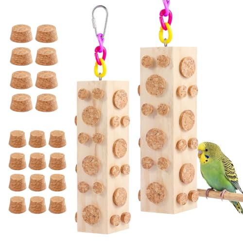 Bird Foraging Toy Parakeet Toys for Budgie, Conure, Cockatiel, Lovebird, and Small to Medium Parrots, 2 Pack Hanging Parrot Toy with 92 Detachable Corks, Natural Wood