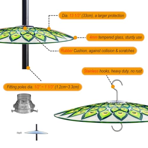 13" Large Glass Rain Cover for Bird Feeder, 2-Pack Peacock Weather Guard | Stainless Hooks Squirrel Baffle Dome, Dual Use Protective Shield on Shepherd Pole or Hook Hanging, Bird House Protector, 33cm - color: Peacock Feather, size: 2PC/Pack