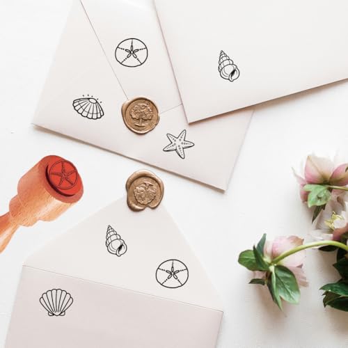 AHANDMAKER 5 Styles Seashells Wooden Rubber Stamp, Starfish Striped Clam Shell Patterns Stamps Round Coastal Stamp for DIY Making Scrapbooking Card Stamping Pottery Clay Crafting - style: Seashells