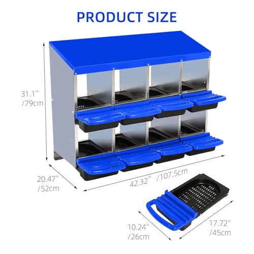 GarveeHome 2-Tier Chicken Nesting Box, 8 Compartment Metal Chicken Laying Boxes with Waterproof Roof ＆ Removable Trays for Hens, Poultry，Easy Egg Collection - color: Blue, size: 8 holes