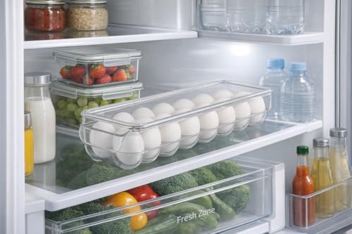 Dependable Industries inc. Essentials Clear Acrylic Egg Storage Container with Lid, 14-Egg Capacity, BPA-Free Refrigerator Organizer, Stackable Tray with Handle, Dishwasher Safe