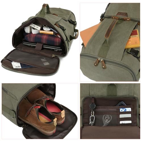 Travel Backpack for Men, 40L Flight Approved Carry On Backpack, Water Resistant Canvas Rucksack with 17.3" Laptop Sleeve, Convertible Duffel Bag for Airplane, Business & Travel - color: Green