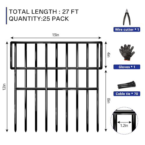 25 Panels Animal Barrier Fence, 27 Ft(L) X 13 in(H) No Dig Garden Edging Border for Yard, Anti Digging Defense Barrier, Rustproof Metal Outdoor Decorative Garden Fences for Dogs, Rabbits - size: 25 Panels 27ft x 13in