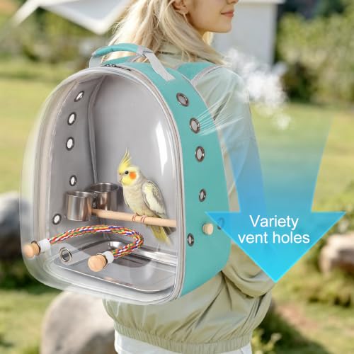 Bird Traval Carrier Cage, Multi Vent Holes Clear Space Capsule Astronaut Backpack to Carry Parakeet Cockatiel Parrot with Metal Tray Wood Perch, Vet Transport Book Bag - color: Green