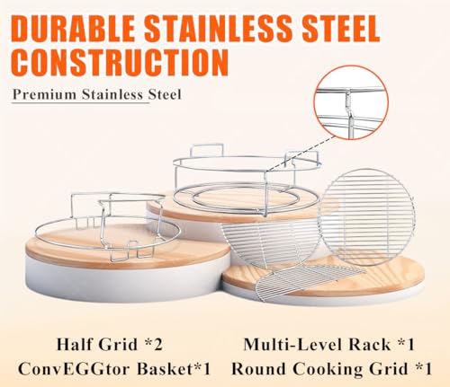 Expander Rack with Drip Pan for Big Green Egg Large, Green Egg Accessories | Green Egg Replacement Parts Eggspander Rack for BGE 5 Piece Kit Conveggtor Basket with Removable Cooking System