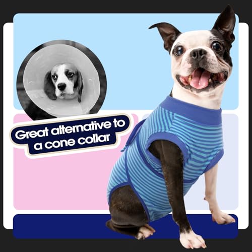 Recovery Suit for Dogs After Surgery,Soft Breathable Dog Bodysuit | E-Collar & Cone Alternative Surgical Suit,Male Female Dog Neuter Spay Suits Anti Licking Wounds Onesie Navy Blue Strips XS - color: Navy Blue Stripes, size: Xs(back:8.3-11.4in,wt:4-7lbs)