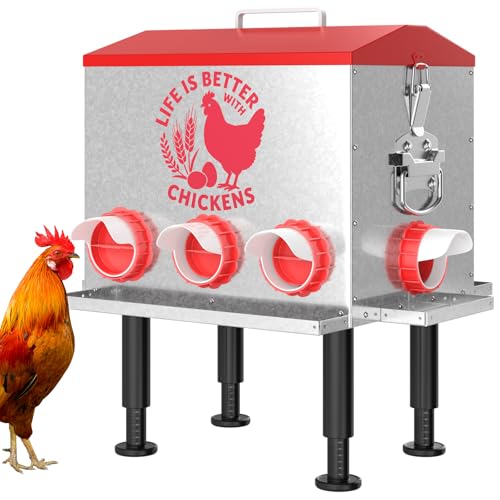 Pawaboo 55LBS Large Capacity Automatic Chicken Feeder | 2026 Upgraded No Waste Poultry Feeder, 7 Feeding Ports, Viewable Feed Level Window - color: Red + Silver