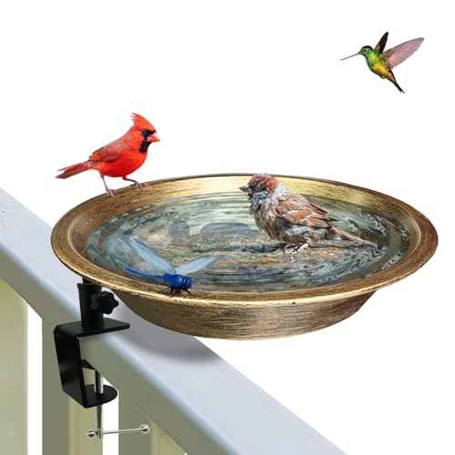 WANGIRO 11.4" Deck Mounted Bird Bath Metal Detachable Bowl Antique Bronze | Sturdy Clamp Easy Install, Detachable Bowl Easy Clean, Attracts Birds, Ideal Gift for Nature Lovers Garden Patio Decor