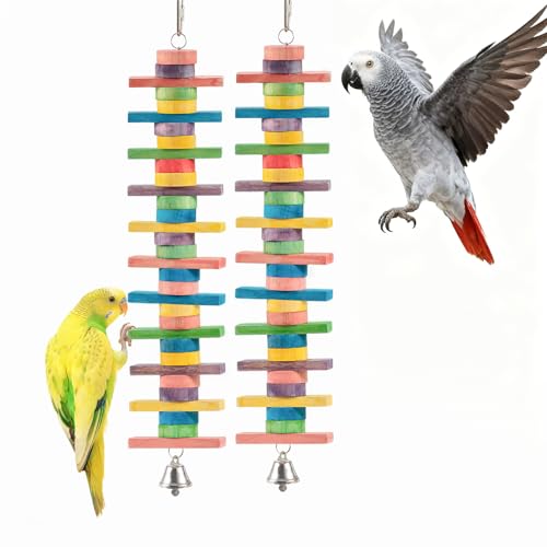 2 PCS 14.37" Multicolored Bird Toys - Stress Relief Chew Parrot Toys, Natural Wooden Blocks, Hanging Bird Cage Accessories, for Parakeets, Cockatiels, Conures, Budgies, Lovebirds - style: Style 2