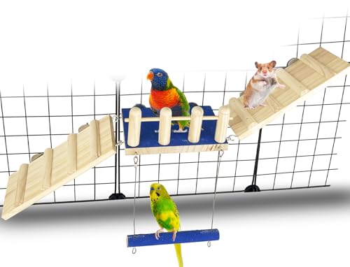 FlidRunest Bird Toy, Parrot Perch Platform with Swing and Ladder, Bird Perch Paw Grinding Rough-surfaced, Wooden Climbing Exercise Stands for Parakeet, Parrot, Lovebird, Cockatiel, Hamster