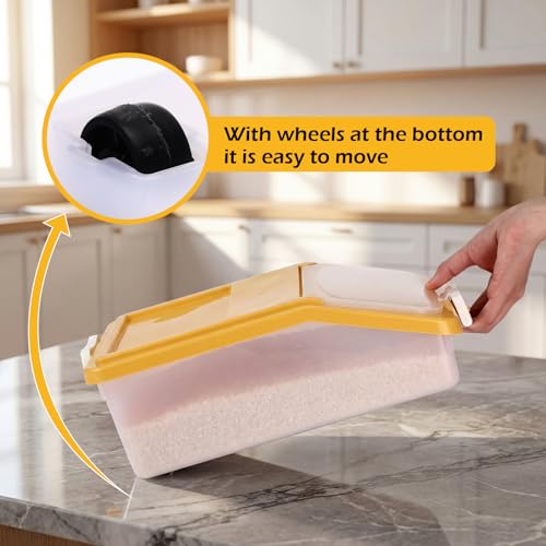3 Pcs Rice Storage Container 11 lb Airtight Flour Container with Wheels Measuring Cup Clear Pet Food Dog Cat Birds Food Bin Grain Cereal Organizer Box for Dry Baking Supplies(Yellow) - color: Yellow