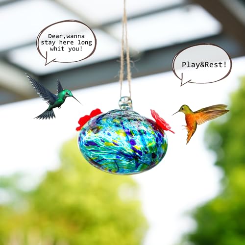 3.3OZ Glass Hummingbird Feeder with 2 Feeding Ports for Outdoors Hanging - color: E