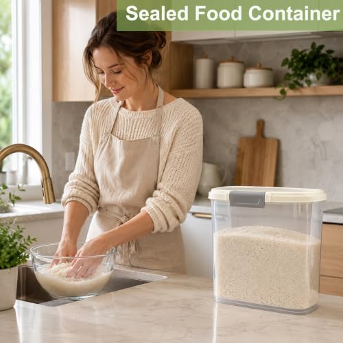 Large Rice Storage Container 15-20 Lbs, Tall Flour Container Dry Food Bin | Slim Food Container with Scoop, Cup for Cereal, Sugar, Beans, Pet Dog Cat Food, Kitchen and Pantry Storage Organization - color: Cream White