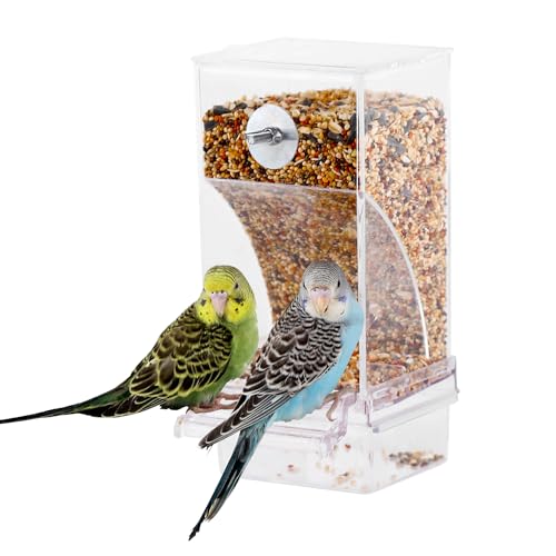 IBWell No Mess Automatic Bird Feeder for Cage - Parrot Feeder Inside Cage With Clear Perch and Acrylic Seed Food Container