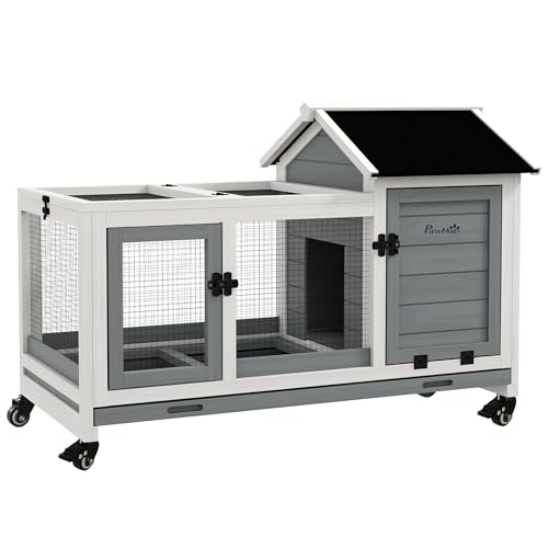 PawHut Wooden Rabbit Hutch with Wheels for Rabbits Indoor Outdoor Gray | Large Bunny Hutch, with Run, Slide-Out Tray, for Small Animals, Chickens, Ducks, Guinea Pig - color: Gray