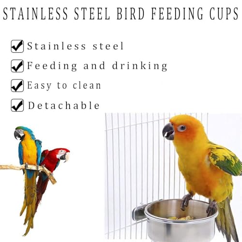 Kathson 2 Pack Bird Feeding Dish Cups, Stainless Steel bird bowls Parrot Feeders Water Cage Bowls with Clamp Holder Bird Feeders for Parakeet Cockatiels Conure Budgies Lovebird Finch and Small Animals