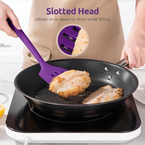 U-Taste Silicone Turner Spatula Set of 2, 13.6" Long/3.7" Wide, Purple | 600ºF Heat Resistant Food Grade Silicone Cooking Utensils Set, Wide Large Solid & Slotted Turner Pancake Egg Flipper - color: Purple