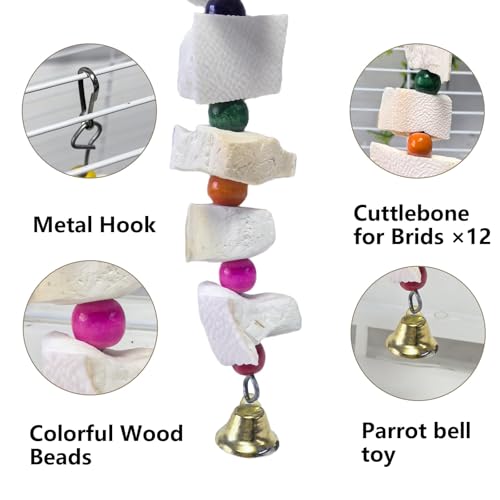 2 Pack Bird Toys, Parakeet Toys with Cuttlebone, Natural Cuttle Bone Bird Beak Grinding Stone & Parrot Chew Cuttlebone Cage Accessories with Bell for Budgie, Conure, Lovebird - 12 Pieces - color: 2 Pack Bird Toys - 12 Pieces, size: 17.13*1.57*1.57"