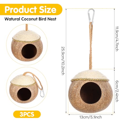 3 Pcs Natural Coconut Bird Hide Nest Hut for Cage with Woven Straw Bird Parakeet Coconut Fiber Hanging Birdhouse Cage Habitats Decor for Parrot Cockatiel Lovebird Finch Squirrel Hamster