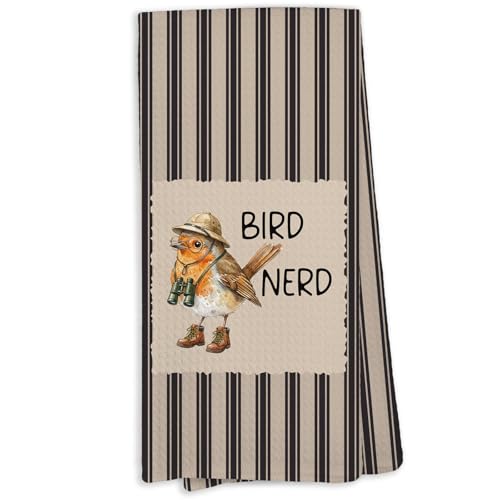 Funny Bird Nerd Kitchen Towels, Bird Watching Gifts, Farmhouse Birding Neutral Striped Hand Towels of Bathroom, Birds Nerd Lover Watcher Gifts for Women Men - color: Bird Nerd