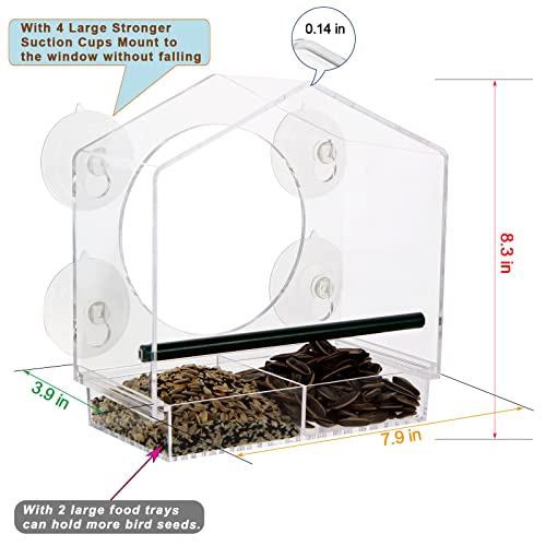 Acrylic Window Bird Feeder with 4 Strong Suction Cups, Clear and Transparent Bird House, Removable Food Tray with Drain Holes, Easy Install and Clean for Backyard and Viewing