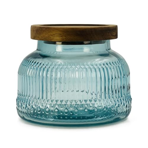 Decorative Blue Ribbed Glass Jar with Airtight Wooden Lid, 25.4 fl. oz | Wide mouth vintage storage canister, kitchen pantry bathroom organization, coffee sugar tea cookie candy candle vase gift - size: 25.4 Ounces, style: Blue Ribbed