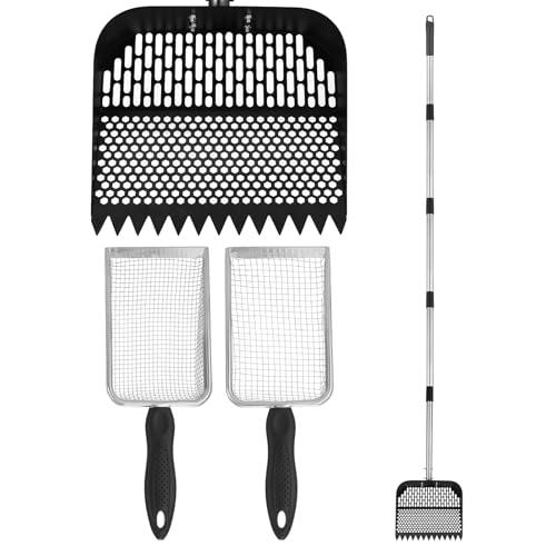 MEWTOGO 3 Pcs Chicken Poop Scooper - 35.5" to 74.8" Adjustable Metal Rake with 3.8mm & 5mm Holes Stainless Steel Scoop Tool for Chicken Coop Accessories Cleaning Droppings Boards Dustbath Areas