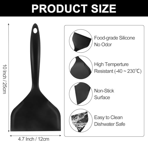 Hitefu 2 Pcs Silicone Spatula Turner, Black | Wide Pancake Flipper, Tamagoyaki Shovel, BPA Free Non-Stick, For Omelette, Pizza, Steak & Fish - color: Black