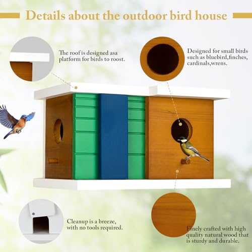 Bird House Wooden Birdhouse with 2 Holes - Bird House for Outside Ideal for Bluebird,Finch, Cardinals and Garden Wild Birds - Outdoor Hanging Bird Nesting Box
