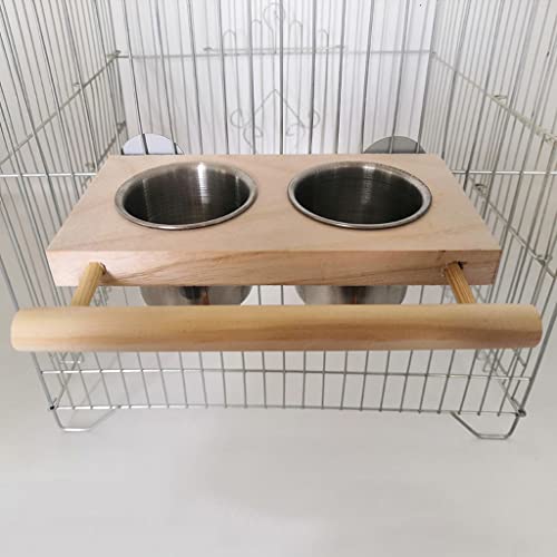 2 in 1 Bird Perch Feeder Stainless Steel Feeding Cups Water Bowls with Wood Perch Stand Platform for Small Birds